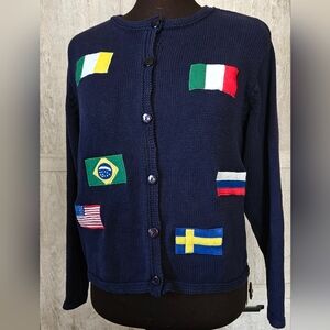 Lord & Taylor Navy Knit Cardigan Flags Of The World Preppy Vintage
